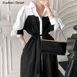 Vintage Patchwork Robe pour Femme Simple Boutonnage À Lacets Robe Femme Vêtements Noir Taille Mince Élégant Maxi Robes Femme G1214