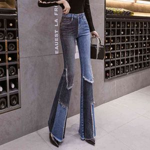 Vintage patchwork flare extensible jeans dames maigre taille maigre pantalon denim découpé mujer pantalons de mode pour femmes 211129