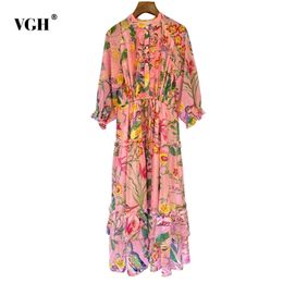Robe à volants patchwork vintage pour femmes col montant demi manches taille haute impression hit couleur robes mode féminine 210531