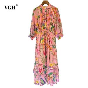 vintage patchwork ruche jurk voor vrouwen stand kraag half mouw hoge taille print hit kleur jurken vrouwelijke mode 210531