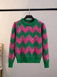 Vintage Patchwork paillettes tricoté pull pull femmes Oneck pull automne hiver à manches longues tricots hauts 240103