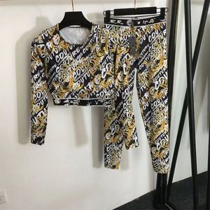 Vintage patroon tops letter broek set ontwerper ontwerper lange mouw t shirt elastische broeken twee kleuren