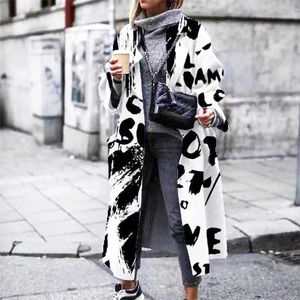 Vintage patroon winter tweed lange cardigan jas mode revers pocket losse bovenkleding herfst vrouwen lange mouw casual jassen 211130