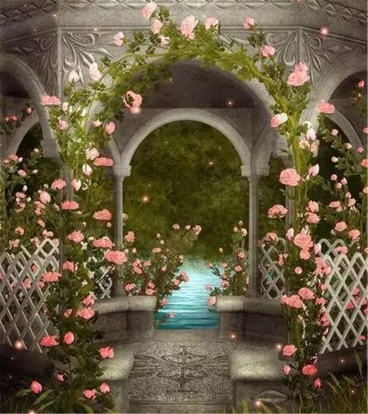 Fondos de estudio fotográfico de boda de pabellón de jardín vintage flores rosadas impresas vides verdes río primavera fondos de fotografía escénica vinilo