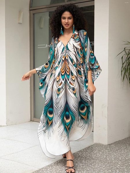 Vintage Peacock Feather imprimé en train de maillot de bain en kaftan pour les femmes 2024 Robe de maison décontractée d'été Cover-ups Q1628