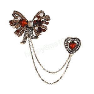 Vintage Pearl Bow Tassel-kettingbroche pinnen hartvormige strass Regestone Corsage Coat Suit kraag trouwfeest sieraden accessoires