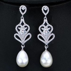 Vintage Pearl Diamond Dangle Earring Sterling Sier Wedding Drop Oorbellen voor vrouwen Bruidsbelofte Verlovingsfeest Sieraden