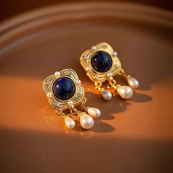 Boucles d'oreilles Vintage en perles pour femmes, style court, niche, personnalité, lapis-lazuli, pierre bleue, fine, 240311