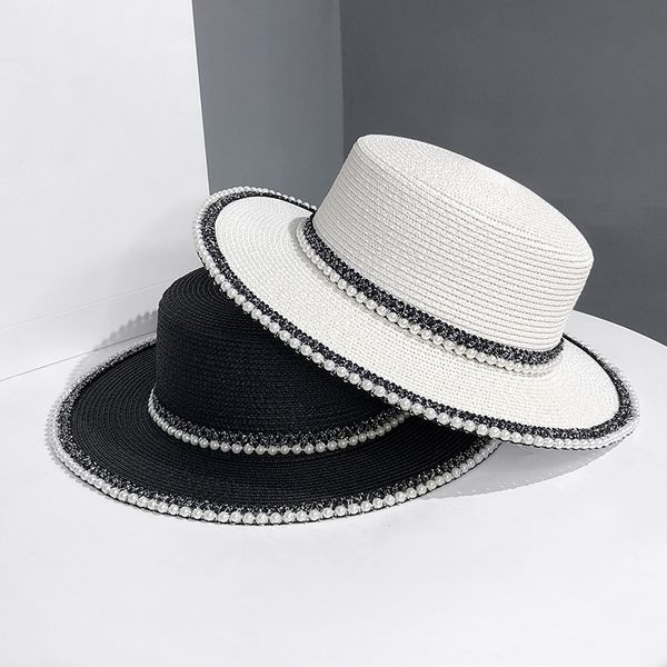 Sombrero de paja de perlas Vintage protector solar gorras de playa de verano sombrero de sombrilla de mujer protección UV sombrero de sol al por mayor