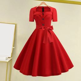 Vintage pin-up jurk jaren 1950 rockabilly jurk retro jaren 1950 a-lijn midi-jurk met vierkante hals grote zoom knop decor bijpassende kleur 240106