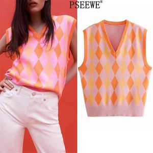 Vintage rose Argyle tricoté gilet femmes printemps Preppy col en V sans manches pull femme côtelé décontracté pull haut 210519