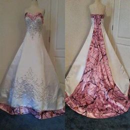 Vestidos de novia de camuflaje rosa Vintage, corsé gótico con cordones, Top de encaje con cuentas bordado, vestido de novia campestre de talla grande 246g