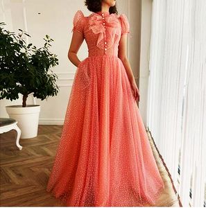 Vintage roze stippen tule prom jurken met zakken a-lijn juliet mouw ruches lange formele avondjurken hoge nek zoete 16 quinceanera jurk speciale gelegenheid