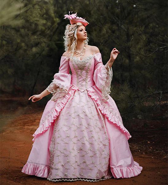 Vintage Rose Prom Quinceanera Robes Flare Manches Longues Or Appliques Robe De Bal Princesse Douce 15 Robe Tribunal Train Corset Satin Occasion Spéciale Robes 16 Ans