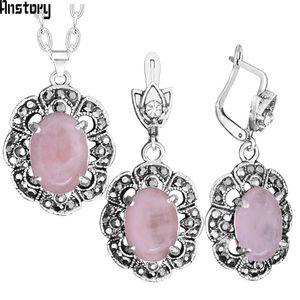 Vintage Roze Quartz Ketting Oorbel Sieraden Set Hollow Bloem Natuursteen Antieke Sliver Plated voor Mode-sieraden