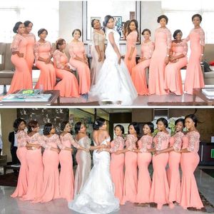 Vintage roze Zuid -Afrikaanse zeemeermin bruidsmeisje jurken plus size pure halve mouw schep nek lange meid jurken op maat gemaakte make