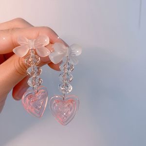 Vintage rosa Y2K melocotón corazón borla cuelga los pendientes para las mujeres Harajuku Bowknot Corea Stud pendiente resina moda joyería 90s cristal largo