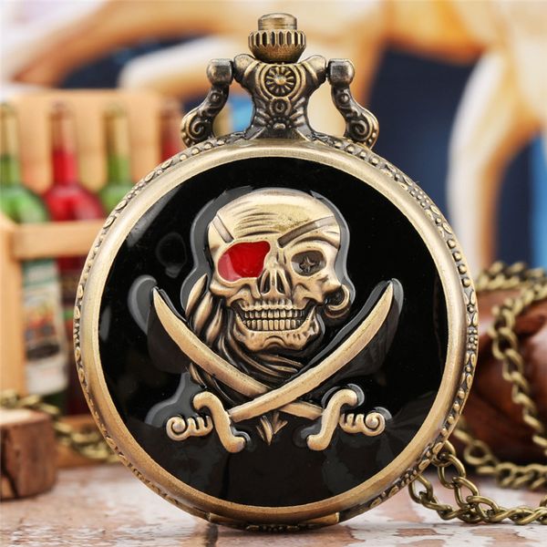 Vintage piratas calavera en una pieza reloj de bolsillo de cuarzo hombres mujeres reloj analógico pantalla collar cadena relojes reloj de bolsillo