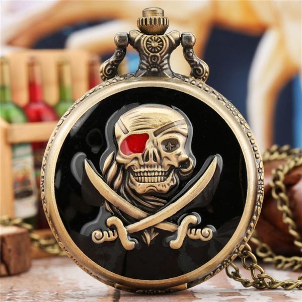 Vintage Pirates crâne en une seule pièce Quartz montre de poche hommes femmes horloge affichage analogique collier chaîne montres reloj de bolsillo227C