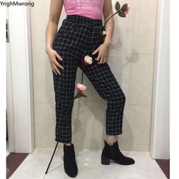 Vintage Plaid Cordon Taille Haute Poche D'été Cheville Mince Pantalon Coréen Survêtement Sexy Pantalon Femmes Simple Casual Noir Blanc 201106