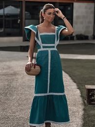 Vintage plaid vliegende mouw schouder midi jurk elegant gesplitste vierkante kraag hoge taille Vestidos Spring Street vrouwelijk gewaad 240321
