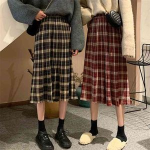 Vintage Plaid Plissé Jupes Longues Hiver Femmes Punk Rock Coréen Laine Streetwear Cordon Taille Élastique Midi 210529