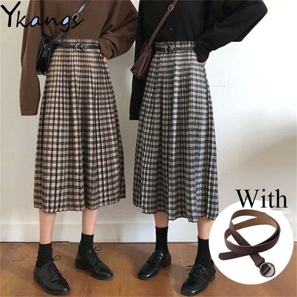 Vintage Plaid plissé jupes longues hiver femmes Punk Rock coréen jupe en laine avec ceinture hiver Streetwear taille haute jupe Midi 210310