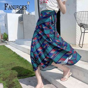 Vintage Plaid print lange rokken vrouwen hoge taille midi strikje zomer sexy split wrap dames groene strand slijtage 210520