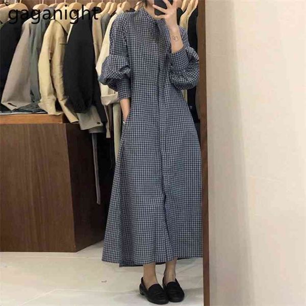 Vintage Plaid Print Maxi Dress Femmes Printemps À Manches Longues O Cou Partie es Femmale Casual Chemise Lâche 210601