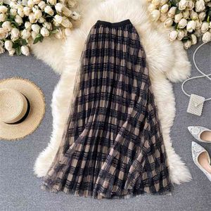 Jupe en maille imprimé à carreaux Vintage pour femmes mode taille élastique a-ligne Maxi femme fête Streetwear 210603