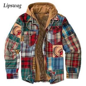 Vintage Plaid Gedrukt Patchwork Jas Mannen Winter Lange Mouw Warm Dikker Bovenkleding Mens Zipper-Up Jacket Mode Streetwear 211206