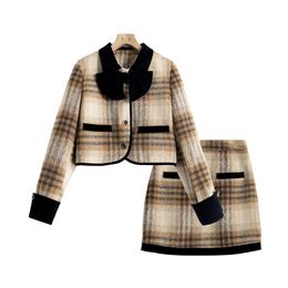 Costume Vintage à carreaux, petite jupe parfumée pour femme, ensemble deux pièces en laine avec nœud d'hiver, 240202