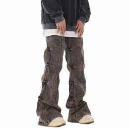 Vintage Geplooide Design Jeans Mannen Vrouwen Grijze Distred Wijde Pijpen Broek Amerikaanse Stijl High Street Straight Baggy Koreaanse Broek Q6Os #