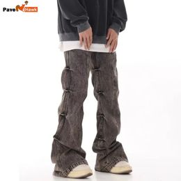 Jeans de design plissé vintage hommes femmes gris en difficulté pantalon de jambe américaine style high street street baggy baggy coréen pantalon 240430