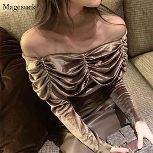 Vintage Plooited Off Shoulder Sexy Top Dames Herfst Slash Neck Lange Mouw Blouse Casual Trui Wit Shirt 12037 210512