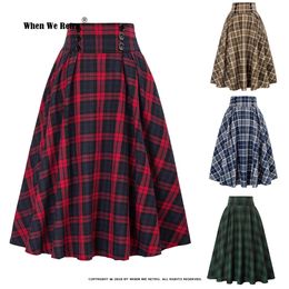 Vintage geplooide geruite rok herfst winter hoge taille Koreaanse stijl preppy midi rokken knop decoratie plus size SS0037 240112