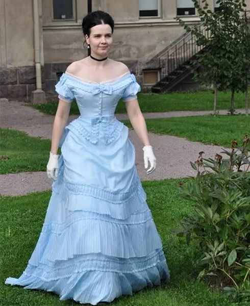 Vestidos de fiesta victorianos con pliegues vintage, mangas cortas fruncidas, vestido de princesa para ocasiones especiales para mujeres, vestidos de noche largos clásicos elegantes de los años 1860