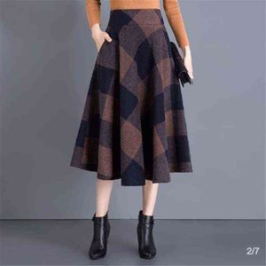 Vintage Plus Size 4XL Wollen Midi Skits Vrouwen Elegante Herfst Winter Plaid Skirt Kantoor Dames Mode Saias Wol Prints Skits 211120