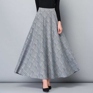 Vintage Plus Size Herfst Lente Lange Rokken Dames Hoge Taille Vintage Maxi Rok Elegante Kantoor Dame Wark Plaid Skirt Streetwear 210619