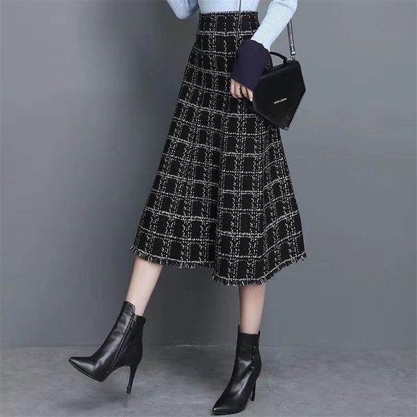 Vintage Plus Taille Black Plaid Tweed Jupe Femmes Midi Longue Taille Haute A-Ligne Tricoté Bureau Lady Slim Business Work Vêtements 210421