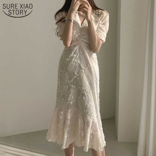 Vintage grande taille col en v femmes robe d'été à lacets manches bouffantes robes de soirée coréen élégant volants longue robe Robes 13815 210527