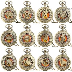 Vintage Pocket montre douze constellations zodiac hommes femmes analogiques quartz montres avec des cadeaux d'anniversaire de chaîne de collier Reloj de Bolsillo
