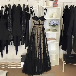 Vintage polka dot a line prom dresses zwart en champagne 2022 lieverd spaghetti riemen lange formele avondjurk speciale gelegenheid feestjurk