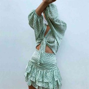 Vintage polka dot jurk suits vrouwen 2 stuks sets lace up ruche zomer herfst strand vakantie groene korte mini 210427