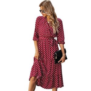 Vintage polka dot maxi jurk dames casual driekwart v-neck party elegante dames a-line ruches jurken