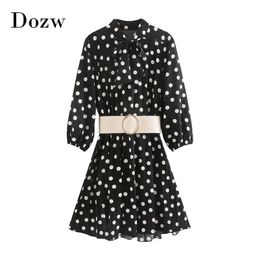 Vintage polka dot geplooide mini jurk met riem strikje kraag elegante partij vrouwelijke lange mouw casual es vestido 210515