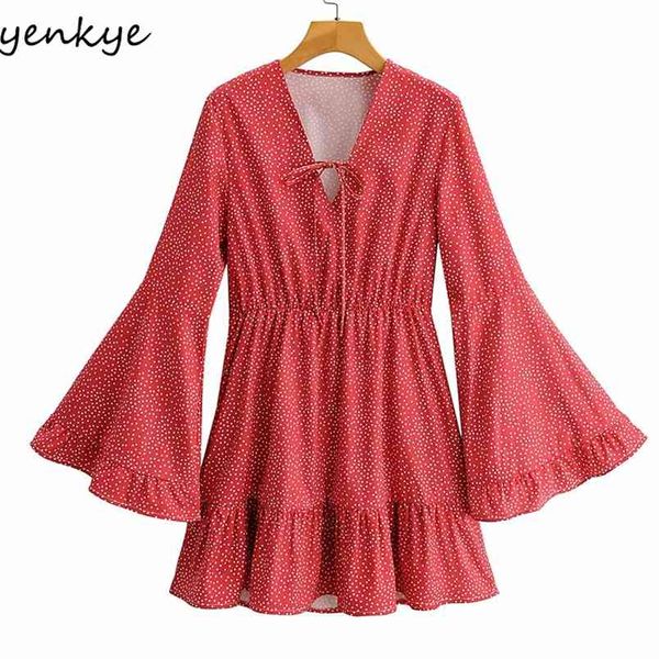 Vestido rojo de lunares Vintage para Mujer, cuello en V, manga acampanada, Mini Vestido acampanado para Mujer, vacaciones, verano, de talla grande 210514