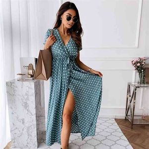 Vintage Polka Dot Slit Longue Maxi Robe Femmes Été Automne Noir Boho Sash Élégant Robes 210427