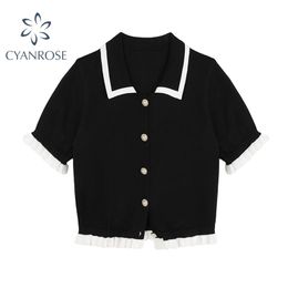 Vintage Polo Col Blouses Femmes Manches courtes Esthétique Patchwork Chemise Été Chic Boutons Coréens Crop Tops 210515