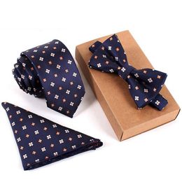 Conjunto de corbata de hilo de poliéster Vintage para hombre, corbata tejida Jacquard, traje de pajarita, rojo y azul para novio, fiesta de boda de negocios